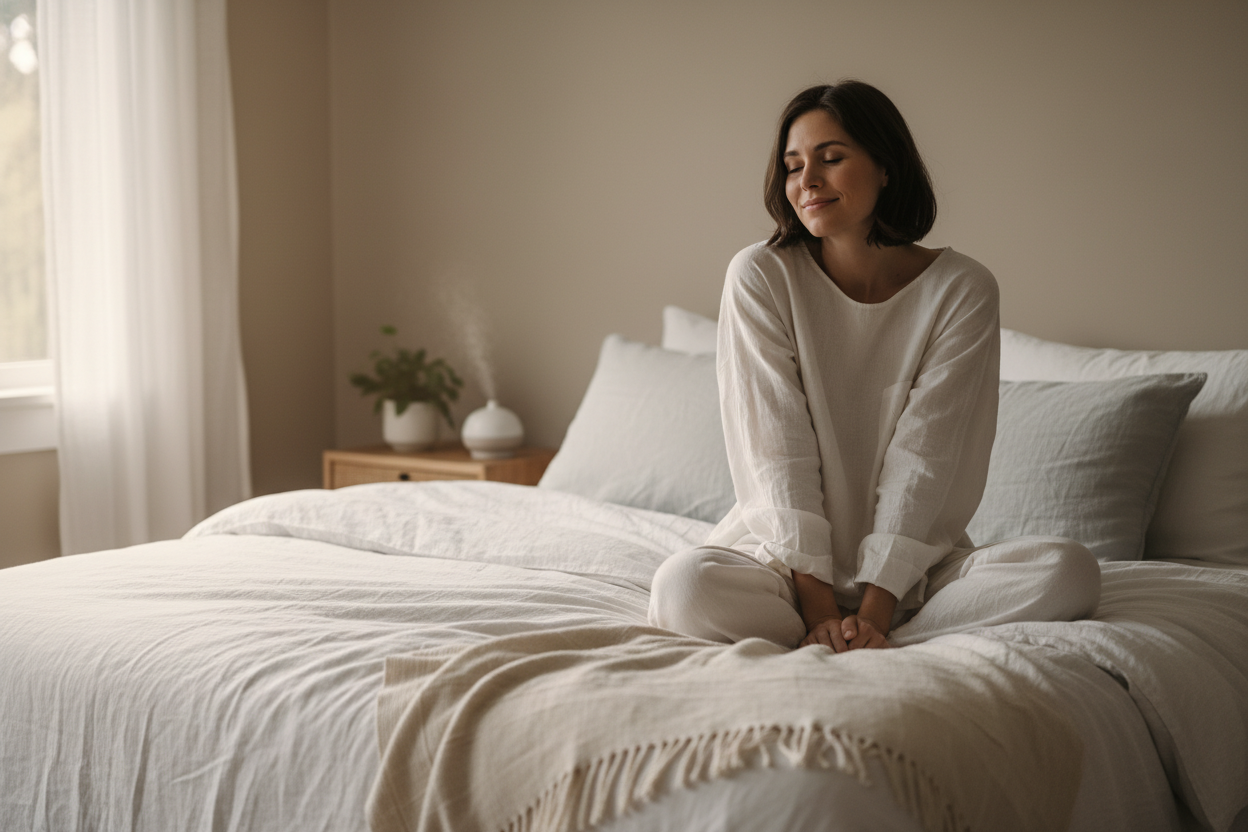 a calm woman sitting on a bed
